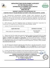 Resident Construction Supervision for Construction of Punjab Revenue Authority (PRA) Head-Quarter, Lahore