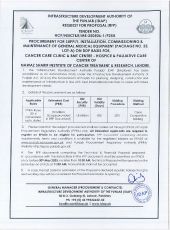 General Medical Equipment (Package No. 25, Lot-A), for BMT Centre - Hospice & Palliative Care Center of Nawaz Sharif Institute of Cancer Treatment & Research, Lahore