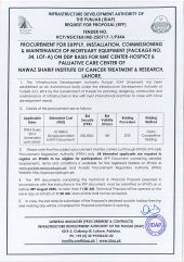 Mortuary Equipment (Package No. 34, Lot-A), for BMT Center - Hospice & Palliative Care Center of Nawaz Sharif Institute of Cancer Treatment & Research, Lahore