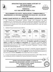 Kitchen Equipment (Package No. 33) for Nawaz Sharif Institute of Cancer Treatment & Research, Lahore
