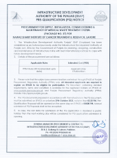 Medical Waste Treatment System (Package No. 37) for Nawaz Sharif Institute of Cancer Treatment & Research, Lahore.