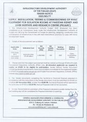 Supply, Installation, Testing & Commissioning of HVAC Equipment for Isolation Rooms at Pakistan Kidney and Liver Institute and Research Centre (PKLI&RC)