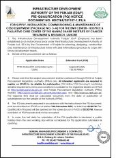 PQ CSSD Equipment (Package No. 3-A)  for “The BMT Center-Hospice and Palliative Care Center of The Nawaz Sharif Institute of Cancer Treatment & Research, Lahore